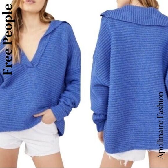 Free People MARLIE PulloverV-Neck Blue Cobalt Sweater Medium NWOT - Picture 1 of 6